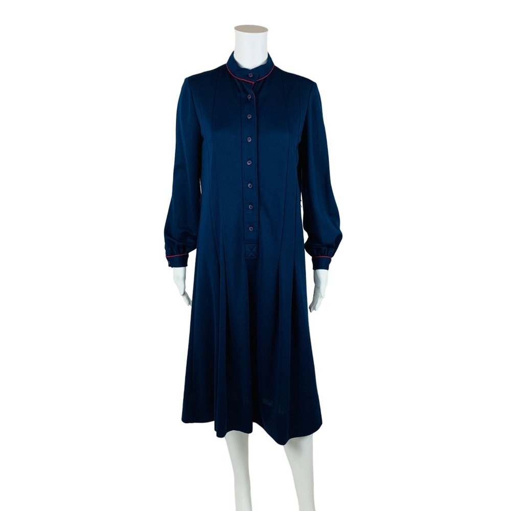 Vintage 1970s Button Down Dress Schrader Sport Navy Blue Shift